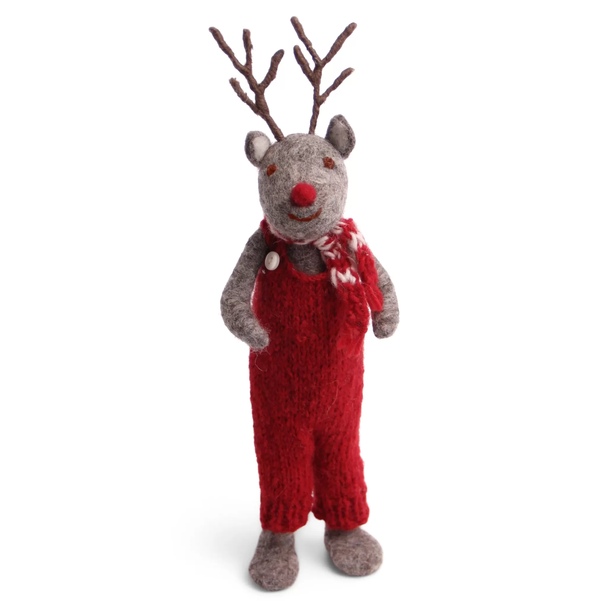 En Gry & Sif Christmas Figurine - Reindeer In Red Overalls (Grey) - Large