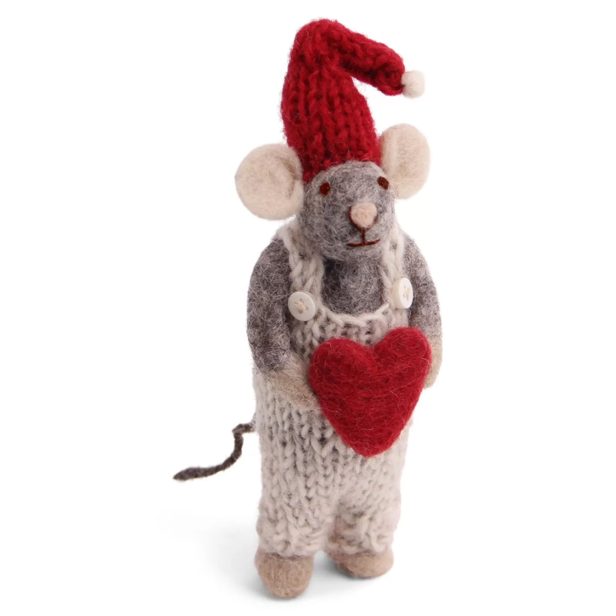 En Gry & Sif Christmas Figurine - Winter Mouse Boy (Small) With Heart (Grey)