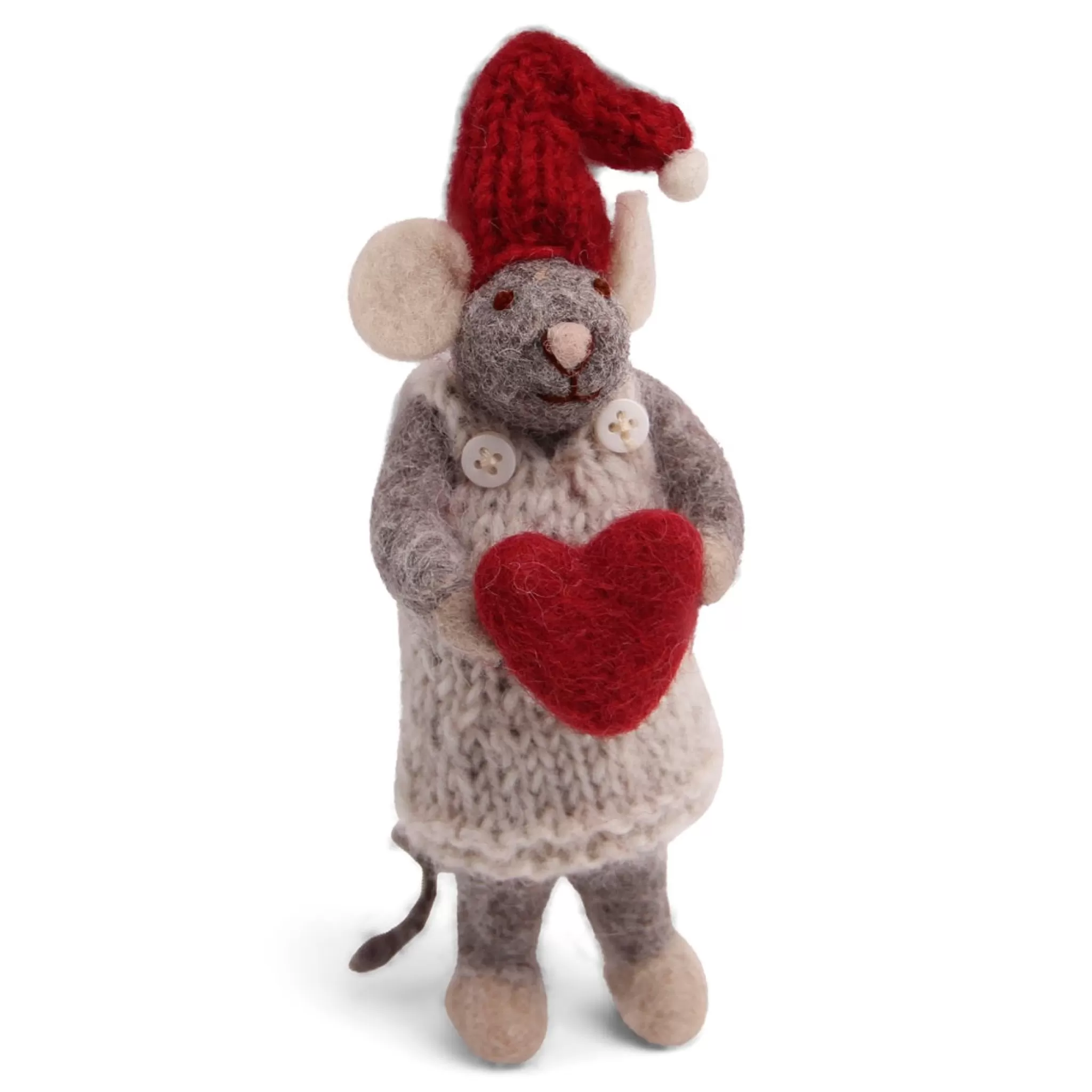 En Gry & Sif Christmas Figurine - Winter Mouse Girl (Small) With Heart (Grey)