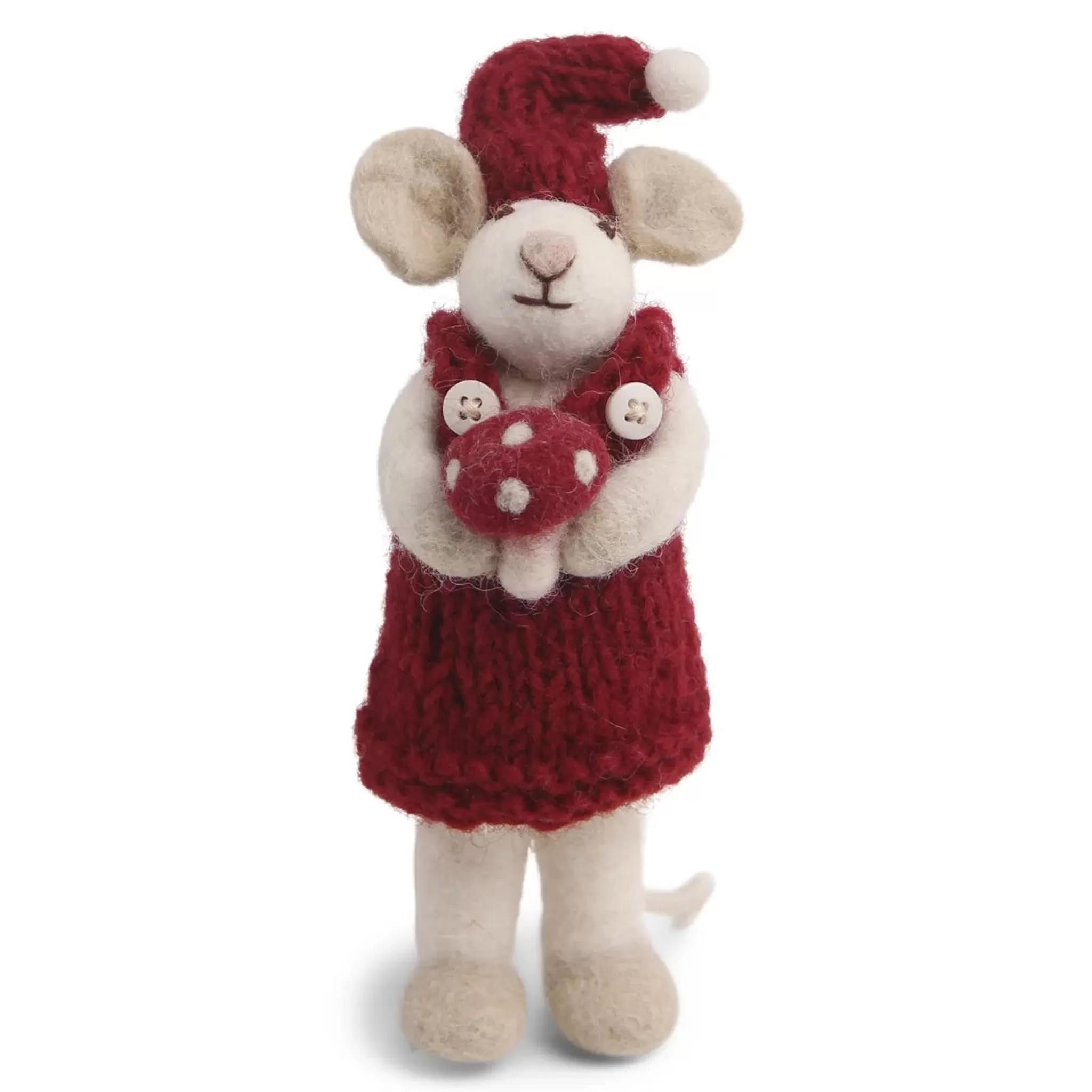En Gry & Sif Christmas Figurine - Winter Mouse Girl (Small) With Mushroom (White)