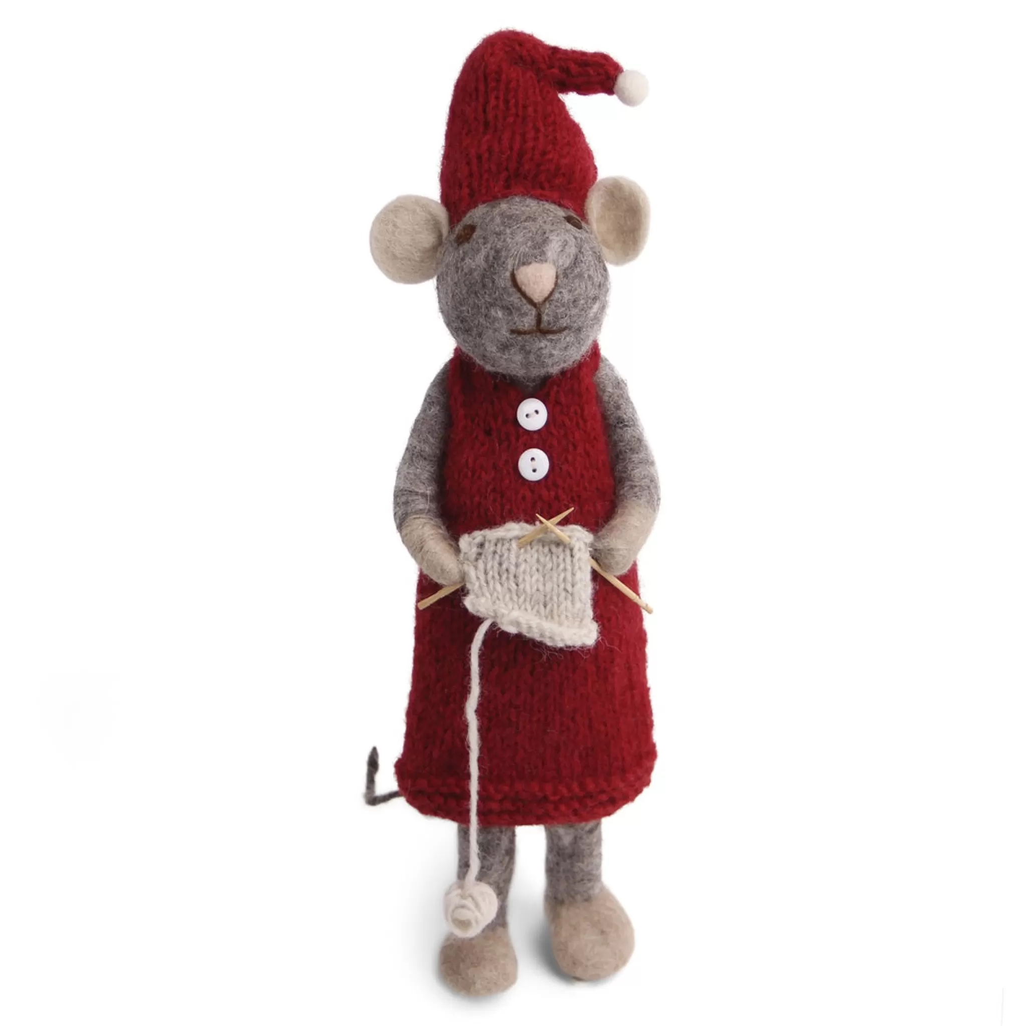 En Gry & Sif Christmas Figurine - Winter Mouse Knitting (Grey) - Extra Large