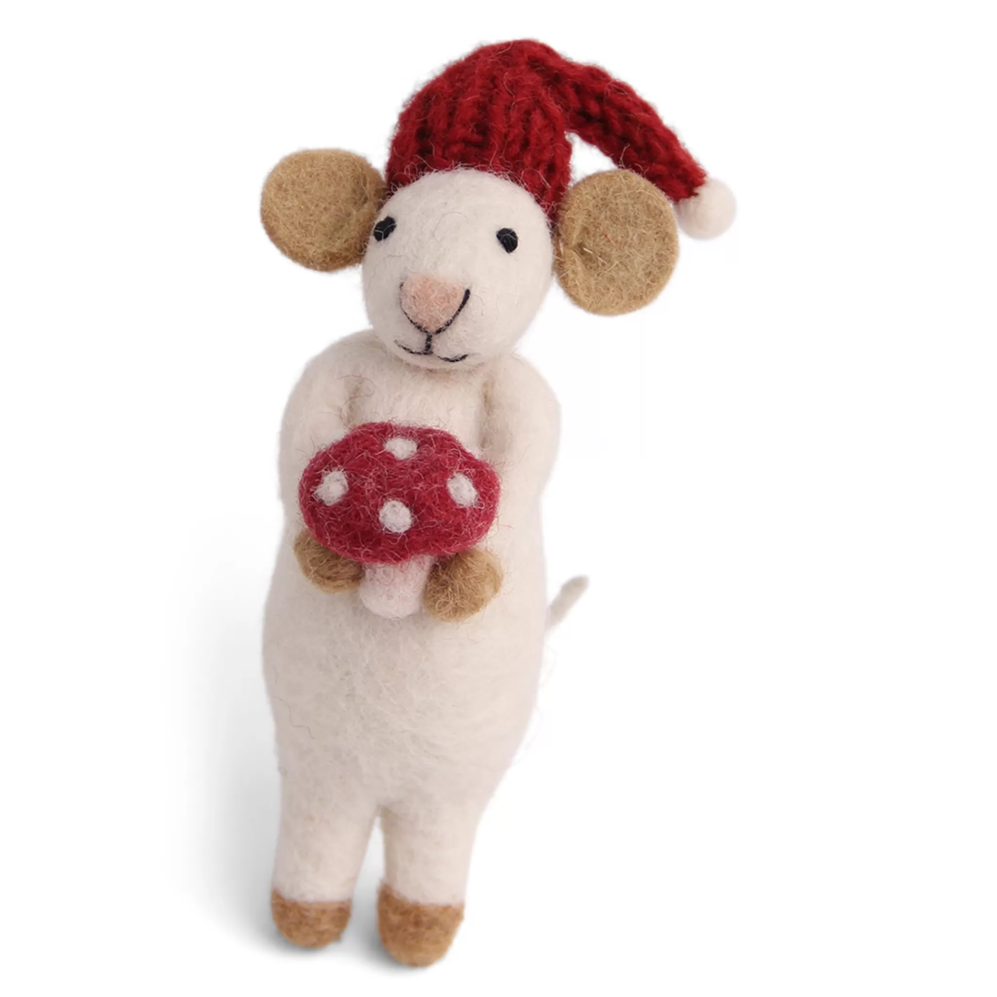 En Gry & Sif Christmas Figurine - Winter Mouse (Medium) With Mushroom (White)
