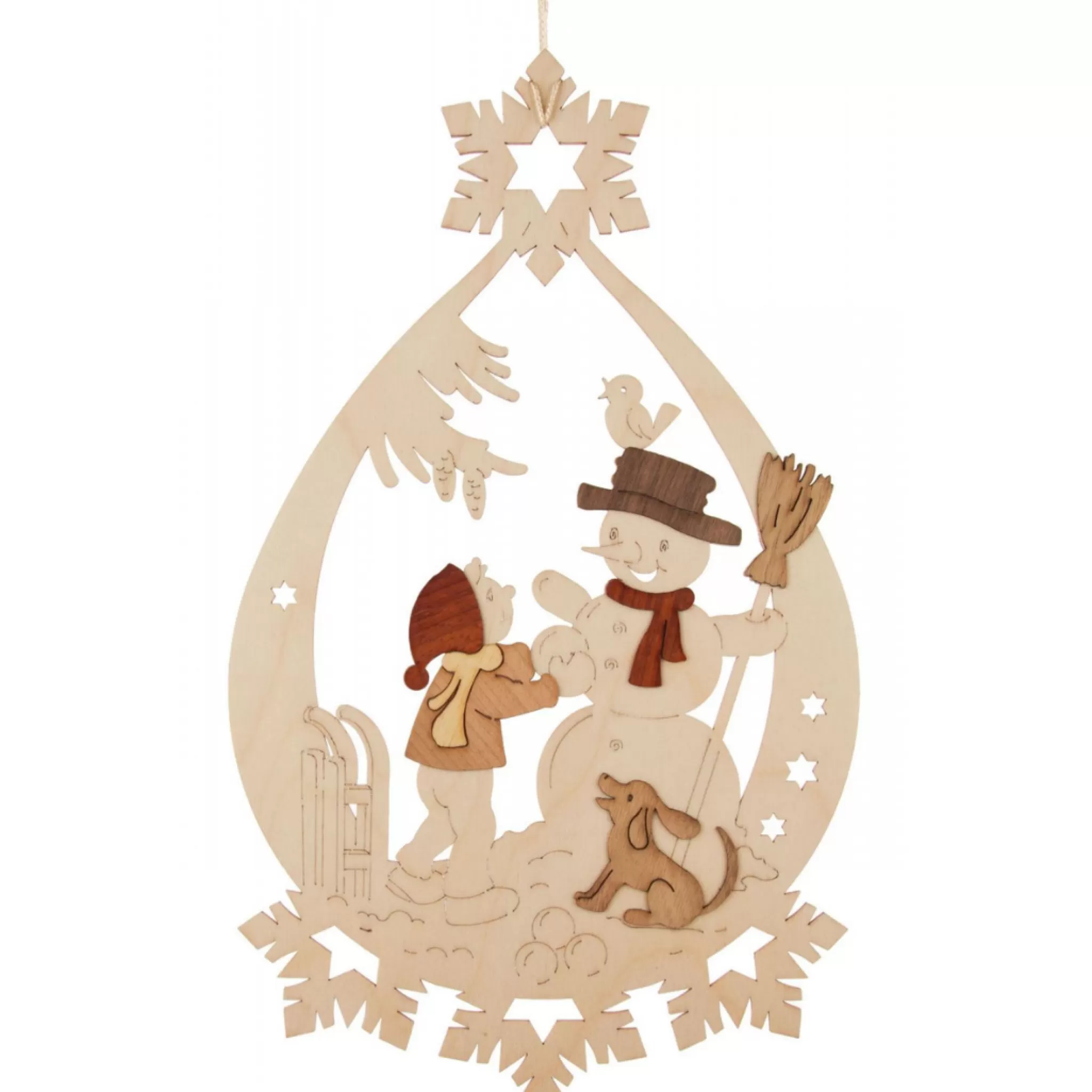 Erzgebirge Handarbeit Window Decoration - Child Building A Snowman